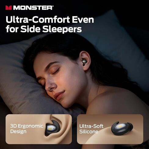 سماعات أذن Monster Sleep Ear100، سماعات رأس للنوم مع صوت ستيريو، تصميم للنوم الجانبي، وقت تشغيل 32 ساعة، بلوتوث 6.0، إلغاء الضوضاء ENC، سماعات أذن صغيرة مقاومة للماء IPX6، أسود in Kuwait