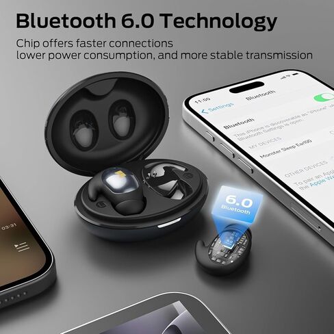 سماعات أذن Monster Sleep Ear100، سماعات رأس للنوم مع صوت ستيريو، تصميم للنوم الجانبي، وقت تشغيل 32 ساعة، بلوتوث 6.0، إلغاء الضوضاء ENC، سماعات أذن صغيرة مقاومة للماء IPX6، أسود in Kuwait