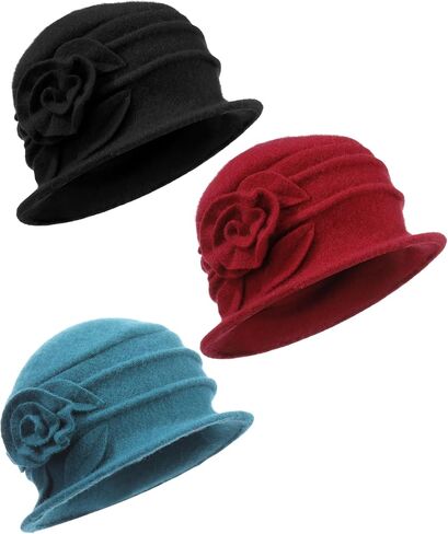 3 Pcs Church Hat for Women Cloche Bucket Winter Beret Hat French 3D Floral Wool Fleece Winter Cap Headgear, 56-58cm in Kuwait