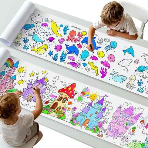 لفتان من ورق التلوين للأطفال، ورق رسم للأطفال الصغار، لفات فنية كبيرة خالية من الفوضى، ورق رسم يدوي الصنع مقاس 116 بوصة × 11.6 بوصة للحامل والمكتب والأرضيات وموضوعات الديناصورات والمركبات، هدايا تعليمية in Kuwait