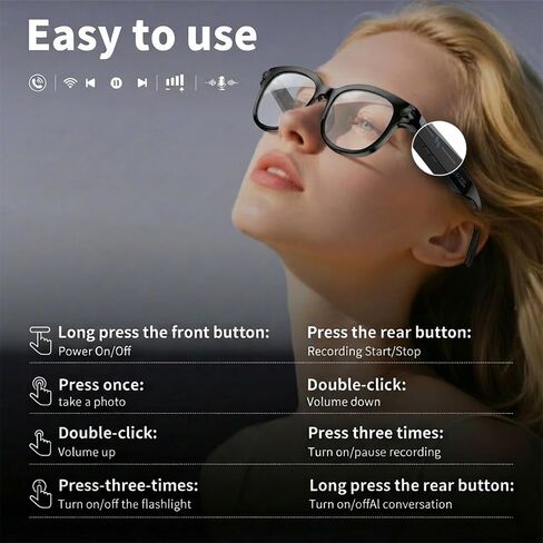 Smart Glasses with Camera,Bluetooth AI Sunglasses,Translation/Voice Control/Music Play for Travel, Conferences & Vlogging Unisex in Saudi Arabia