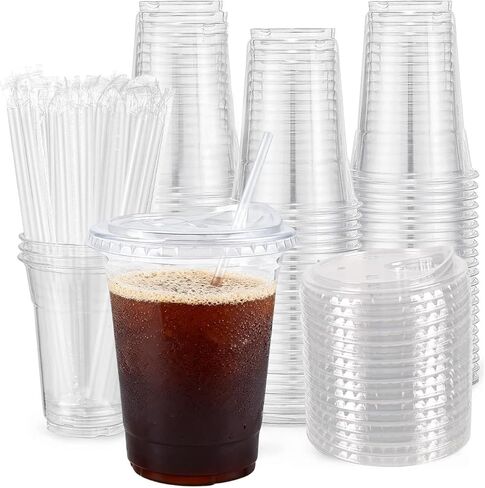 100 Sets - 24oz Plastic Cups with Lids and Straws, Disposable Cups for Iced Coffee, Smoothie, Milkshake, Cold Drinks - Clear 24 oz Plastic Cups with Straws in Saudi Arabia