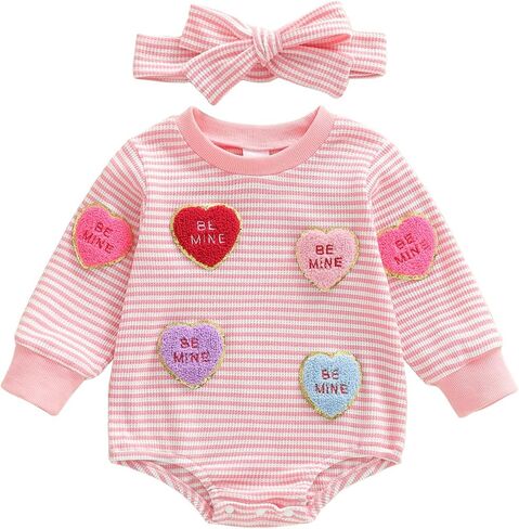 Nyapruwe Baby Girl Boy Valentines Day Outfit Heart Embroidery Bubble Romper Infant Sweatshirt Jumpsuit Winter Clothes in Saudi Arabia