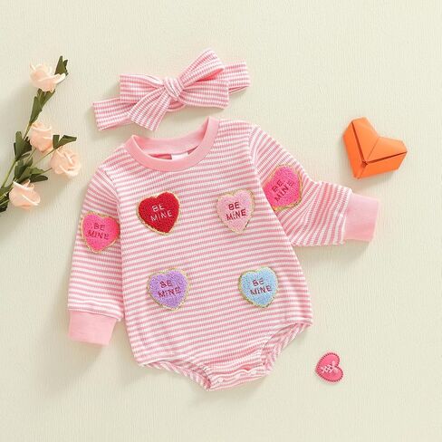 Nyapruwe Baby Girl Boy Valentines Day Outfit Heart Embroidery Bubble Romper Infant Sweatshirt Jumpsuit Winter Clothes in Saudi Arabia