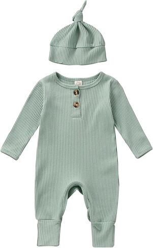Infant Boys Girls Clothes Set Newborn Baby Romper Hat Ribbed Knit Long Sleeve Button Solid Bodysuit Jumpsuit in Saudi Arabia