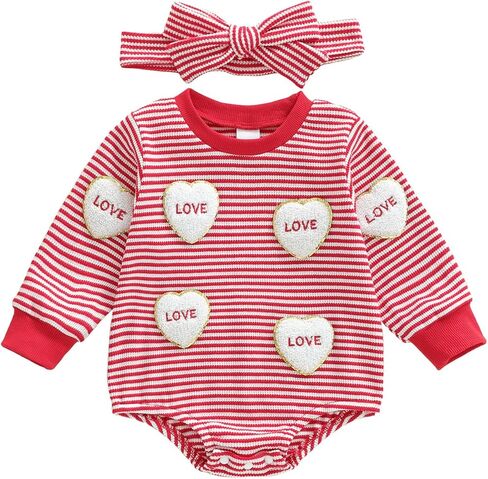 Nyapruwe Baby Girl Boy Valentines Day Outfit Heart Embroidery Bubble Romper Infant Sweatshirt Jumpsuit Winter Clothes in Saudi Arabia
