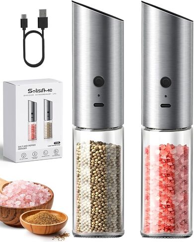مجموعة Gravity Electric Salt and Pepper Grinder ، مطاحن USB مصنوعة من الفولاذ المقاوم للصدأ مع زجاج طويل القامة ، ضوء LED ، خشن قابل للتعديل ، مثالي للمطبخ وتناول الطعام (2 مساءً) in Kuwait
