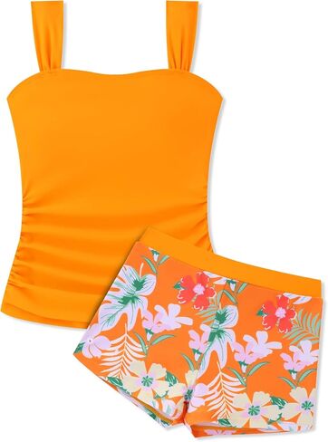 Gaupafmb Girls Tankini Swimsuit Solid Ruched Side Square Neck Top with Tropical Printed Shorts 2 Piece Girls Bathing Suits in Kuwait