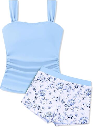Gaupafmb Girls Tankini Swimsuit Solid Ruched Side Square Neck Top with Tropical Printed Shorts 2 Piece Girls Bathing Suits in Kuwait