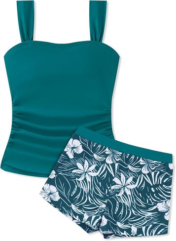 Gaupafmb Girls Tankini Swimsuit Solid Ruched Side Square Neck Top with Tropical Printed Shorts 2 Piece Girls Bathing Suits in Kuwait