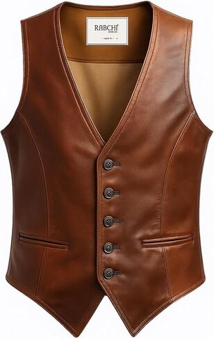 Men’s Brown Sleeveless V-Neck Leather Waistcoat Vest – Premium Real Lambskin, Western Cowboy Motorcycle Casual Style in Saudi Arabia