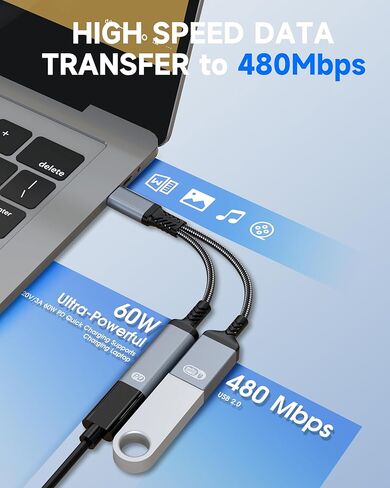 محول وشاحن USB C OTG 2 في 1، محول شحن من النوع C OTG مع شحن سريع 60 وات PD، كابل USB C Splitter OTG متوافق مع iPad وiPhone 15 16 17 وSamsung وPixel وChromecast in Kuwait