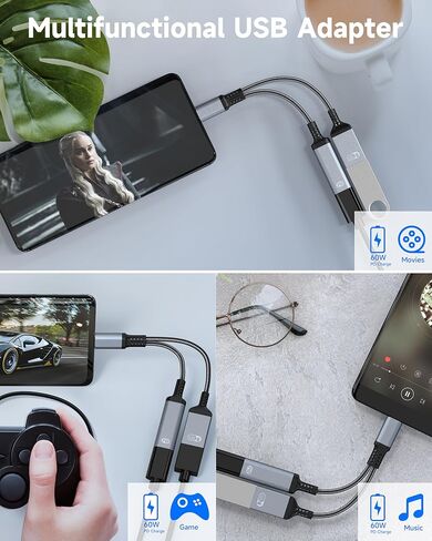 محول وشاحن USB C OTG 2 في 1، محول شحن من النوع C OTG مع شحن سريع 60 وات PD، كابل USB C Splitter OTG متوافق مع iPad وiPhone 15 16 17 وSamsung وPixel وChromecast in Kuwait