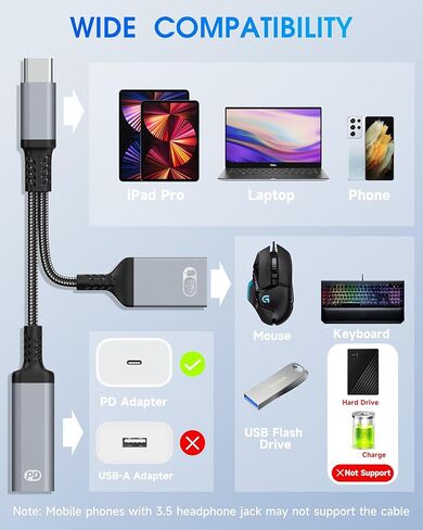 محول وشاحن USB C OTG 2 في 1، محول شحن من النوع C OTG مع شحن سريع 60 وات PD، كابل USB C Splitter OTG متوافق مع iPad وiPhone 15 16 17 وSamsung وPixel وChromecast in Kuwait