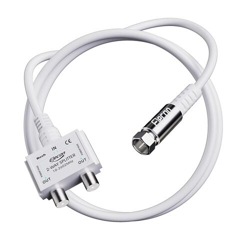 Elecan 2 Way Coaxial Splitter with 3 Ft Cable White, Quad Shield Digital RF Signal RG6/RG59 Coax Distribution, Outdoor Waterproof for CATV, Off-Air, Satellite, Antenna, Internet Modem OTA in Saudi Arabia