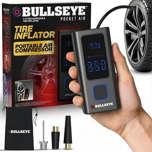 منفاخ إطارات POCKET AIR PRO ضاغط هواء محمول من Bullseye Pro للإطارات والكرات والدراجة مع صمام بيرستا، إيقاف تلقائي، ينتفخ في دقيقتين، قابل لإعادة الشحن لاسلكيًا 6000 مللي أمبير في الساعة، 150 رطل لكل بوصة مربعة، ضوء SoS in Kuwait