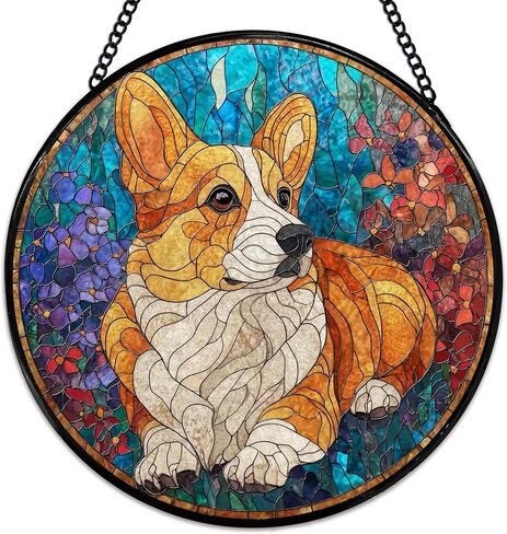 يوركشاير زهرة suncatcher نافذة الزجاج الملون شنقا، يوركشاير الهدايا الشمس الماسكون نافذة داخلية زجاج جدار ديكور الفن، الكلب جولة الجدار شنقا الزينة، 7.9x7.9 بوصة in Kuwait
