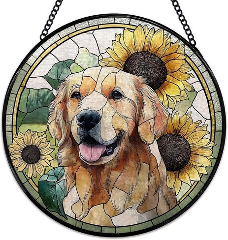 يوركشاير زهرة suncatcher نافذة الزجاج الملون شنقا، يوركشاير الهدايا الشمس الماسكون نافذة داخلية زجاج جدار ديكور الفن، الكلب جولة الجدار شنقا الزينة، 7.9x7.9 بوصة in Kuwait