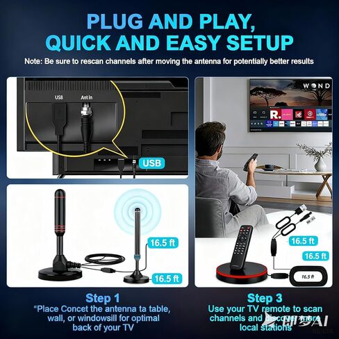 هوائي تلفزيون داخلي طويل المدى مع معزز إشارة مضخم مزدوج، يدعم عصا النار 4K 1080p للتلفزيون الذكي وأجهزة التلفزيون القديمة، استقبال 360 درجة، هوائي رقمي عالي الدقة، كابل محوري بطول 16.5 قدم in Kuwait