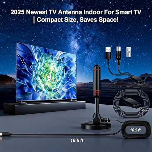 هوائي تلفزيون داخلي طويل المدى مع معزز إشارة مضخم مزدوج، يدعم عصا النار 4K 1080p للتلفزيون الذكي وأجهزة التلفزيون القديمة، استقبال 360 درجة، هوائي رقمي عالي الدقة، كابل محوري بطول 16.5 قدم in Kuwait