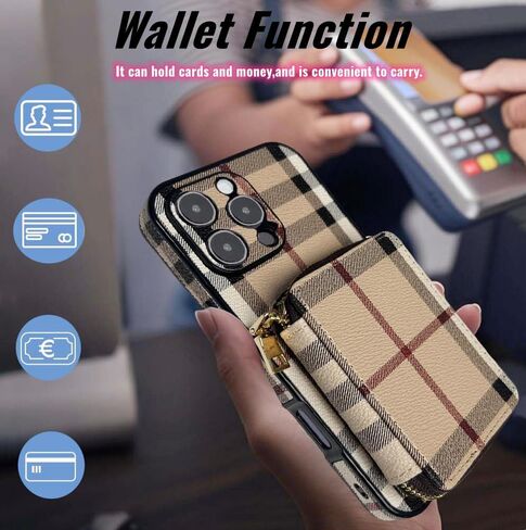 متوافق مع حافظة محفظة iPhone 16 Pro Max مع حامل بطاقة، غطاء محفظة هاتف فاخر من الجلد الكلاسيكي بسحاب على الجسم وغطاء محفظة للهاتف النقدي للنساء 5G 6.9 بوصة كاكي in Saudi Arabia