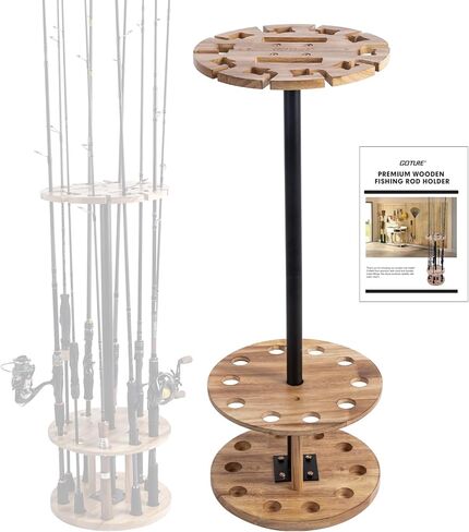 Goture Round Fishing Rod Holders for Garage, Floor Stand Holds up to 10 Rods, 2 Built-in Grooves, Solid Rubber Wood Fishing Gear Equipment Storage Organizer, Ideal Fishing Gift for Men Women in Saudi Arabia