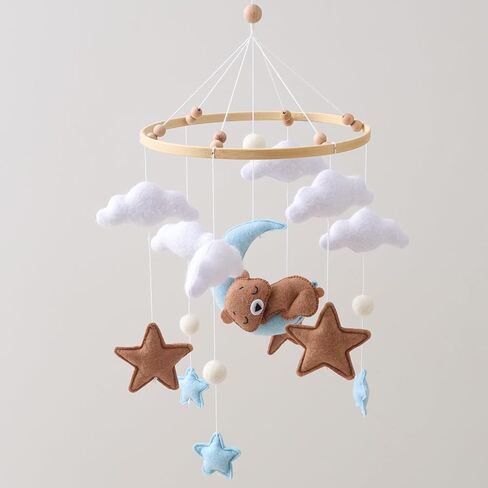 GOODMOM Sleeping Bear Baby Crib Mobile Handmade Soothing Bedtime Baby Mobile for Crib Felt Night Mood Nursery Decor for Baby Boy&Girl Easy Assembly & Durable Newborn Gift (Moon Bear) (Blue) in Saudi Arabia