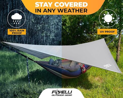 Foxelli Hammock Rain Fly - Waterproof Lightweight Tent & Hammock Rain Tarp for Camping, Backpacking w/Easy Setup Including Extra Long Guy Lines & Stakes in Saudi Arabia