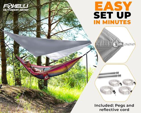 Foxelli Hammock Rain Fly - خيمة خفيفة الوزن مقاومة للماء وقماش المطر الأرجوحة للتخييم وحقائب الظهر مع سهولة الإعداد بما في ذلك خطوط وأوتاد طويلة جدًا in Kuwait