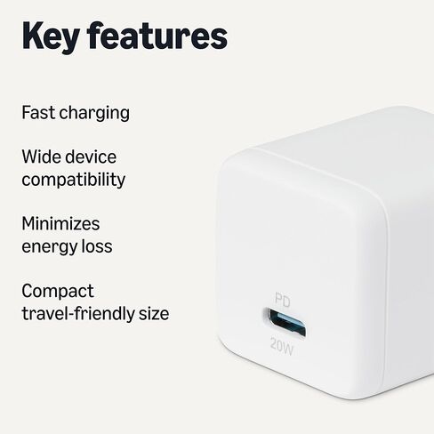 شاحن حائط أمازون بيسيكس سريع الشحن USB C نانو جان، 20 وات بمنفذ واحد PD 3.1 للهواتف اللوحية، أبيض in Kuwait