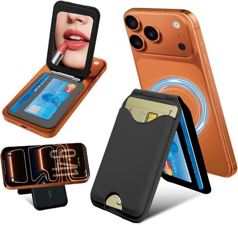 Upgraded for MagSafe Wallet with Makeup mirror，Stronger Magnetic rfid blocking Wallet for iPhone Air 17 16 15 14 13 12 Pro Max,4 Cards Holder with Adjustable Stand(Black) in Saudi Arabia