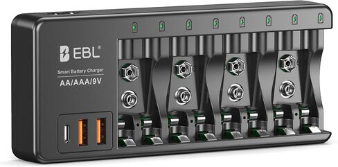 EBL AA AAA 9V Individual Battery Charger for AA AAA 9V NiMH NiCD Rechargeable Battery, with 2 USB-A & 1 USB-C Charging Ports in Saudi Arabia