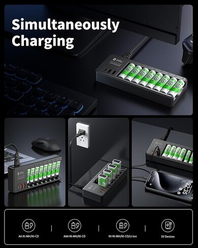 EBL AA AAA 9V Individual Battery Charger for AA AAA 9V NiMH NiCD Rechargeable Battery, with 2 USB-A & 1 USB-C Charging Ports in Saudi Arabia