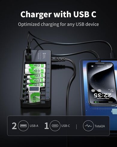 EBL AA AAA 9V Individual Battery Charger for AA AAA 9V NiMH NiCD Rechargeable Battery, with 2 USB-A & 1 USB-C Charging Ports in Saudi Arabia