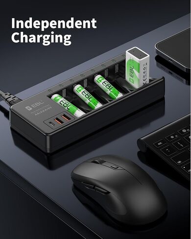 EBL AA AAA 9V Individual Battery Charger for AA AAA 9V NiMH NiCD Rechargeable Battery, with 2 USB-A & 1 USB-C Charging Ports in Saudi Arabia