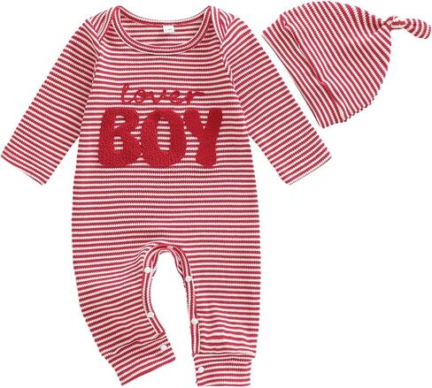 Sasaerucure Infant Newborn Baby boy Valentine’s Day Outfit Lover Boy Embroidery Striped Long Sleeve Romper Jumpsuit Hat Set in Saudi Arabia