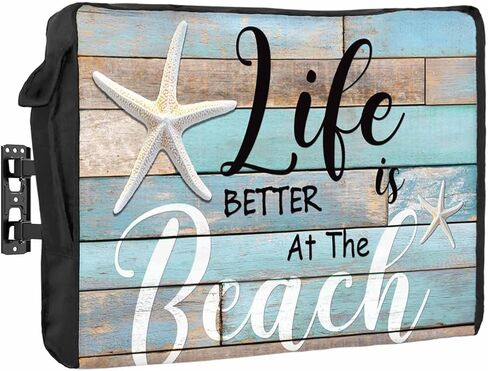 غطاء تلفزيون خارجي مقاس 55 بوصة، غلاف تلفزيون من الخشب المخضر المحبب، حياة نجم البحر أفضل على الشاطئ، أغطية تلفزيون للشاشة الخارجية مع جيب للتحكم عن بعد، ديكور منزلي in Kuwait