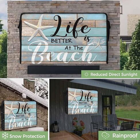 غطاء تلفزيون خارجي مقاس 55 بوصة، غلاف تلفزيون من الخشب المخضر المحبب، حياة نجم البحر أفضل على الشاطئ، أغطية تلفزيون للشاشة الخارجية مع جيب للتحكم عن بعد، ديكور منزلي in Kuwait