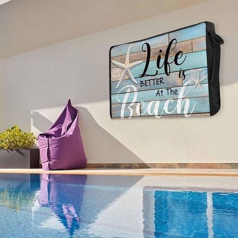 غطاء تلفزيون خارجي مقاس 55 بوصة، غلاف تلفزيون من الخشب المخضر المحبب، حياة نجم البحر أفضل على الشاطئ، أغطية تلفزيون للشاشة الخارجية مع جيب للتحكم عن بعد، ديكور منزلي in Kuwait