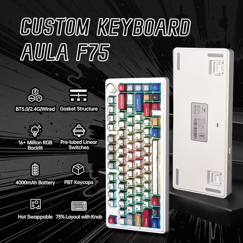 Aula F75 Wireless Mechanical Keyboard,Creamy Keyboard with RGB Backlit Hot Swappable, 81 Keys 75% Layout Gaming Keyboard, Bluetooth/2.4GHz/Type-C, Creamy Sounding - Reaper Switches in Saudi Arabia