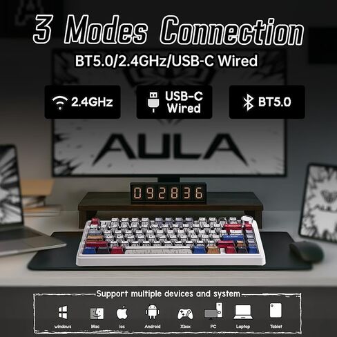 Aula F75 Wireless Mechanical Keyboard,Creamy Keyboard with RGB Backlit Hot Swappable, 81 Keys 75% Layout Gaming Keyboard, Bluetooth/2.4GHz/Type-C, Creamy Sounding - Reaper Switches in Saudi Arabia