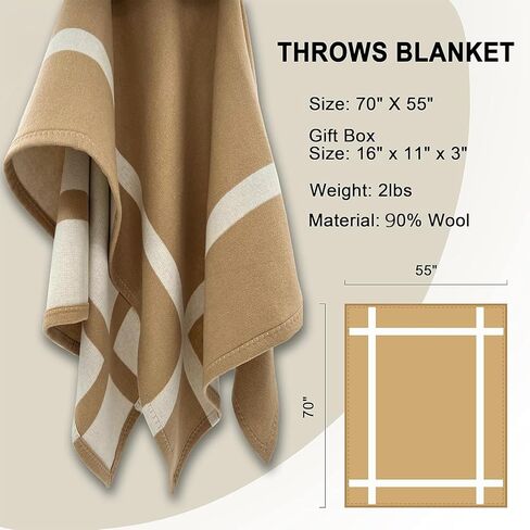 Wool Blanket & Throws 90% Wool Warm Blanket Soft Couch Blankets 75"x55" Twin Throw Blankets for Living Room, Camping, Outdoors, or Car Travel with Exquisite Box for Gift (Camel) in Kuwait