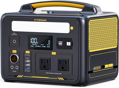 محطة طاقة محمولة VTOMAN Jump 600X بقدرة 600 وات، 299 وات في الساعة، محطة طاقة بطارية LiFePO4 مع بداية قفز للسيارة، مخرج تيار متردد 1200 وات، PD 60 وات USB-C، 3x منظم 12 فولت/10 أمبير تيار مستمر للتخييم، السفر RV in Kuwait