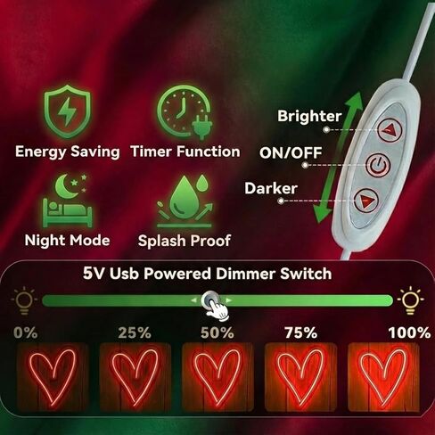 لافتة نيون على شكل قلب LED، إضاءة حائط حمراء لغرفة النوم، ديكور منزلي رومانسي، هدية عيد الحب تعمل بمنفذ USB لها/لها in Kuwait