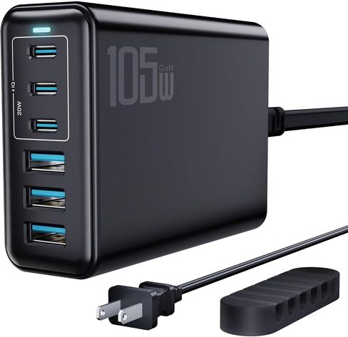 شاحن سريع USB C بقوة 105 وات، محور محطة شحن USB GaN لسطح المكتب بـ 6 منافذ، شاحن جداري بلوك شاحن USB C لهواتف iPhone 17/16/15/14/13/12/11 وiPad وSamsung والمزيد (يتضمن منظم الكابلات) in Kuwait