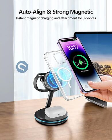 محطة شحن 3 في 1 لأجهزة Apple، حامل شاحن سريع 18 وات، محطة شحن لاسلكية مغناطيسية لهواتف iPhone 17 16 15 14 13 12 Pro/Pro Max/Plus/Mini AirPods 2/3/Pro iWatch Ultra 2-8 Serials in Kuwait