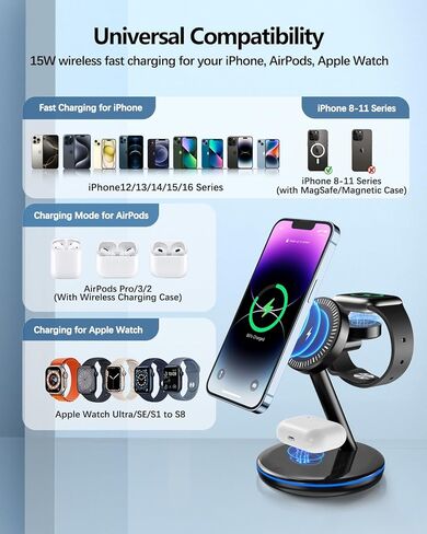 محطة شحن 3 في 1 لأجهزة Apple، حامل شاحن سريع 18 وات، محطة شحن لاسلكية مغناطيسية لهواتف iPhone 17 16 15 14 13 12 Pro/Pro Max/Plus/Mini AirPods 2/3/Pro iWatch Ultra 2-8 Serials in Kuwait