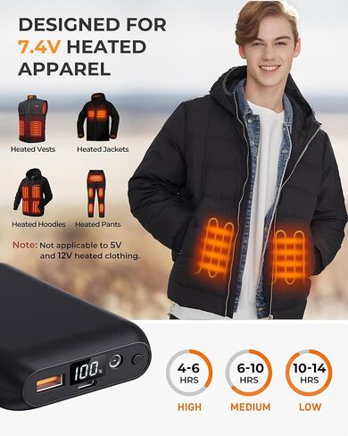 حزمة بطارية سترة ساخنة 16000 مللي أمبير في الساعة 7.4 فولت 5 فولت، حزمة بطارية لسترة ساخنة متوافقة مع ORORO، لـ TODWARM، لـ Weamest، بنك طاقة قابل لإعادة الشحن مع LED لـ Arris، لـ OCQOCQ، لـ Wulcea in Kuwait