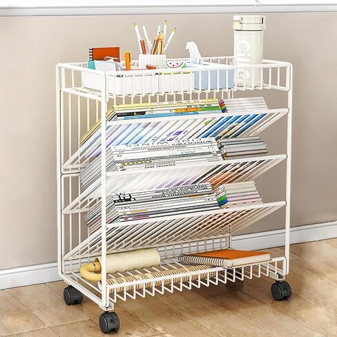 5/6 Tier Rolling Book Cart with Wheels - Mobile Bookshelf & File for Classroom Dorm Living Room & Study - Space-Saving Storage(White-15.54 * 6.69 * 25.59in) in Kuwait
