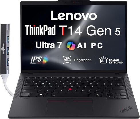 Lenovo ThinkPad T14 Gen 5 AI Business Laptop 14.0" IPS FHD+ (Intel Core Ultra 7 155U(>i7-13700H), 32GB DDR5, 1TB SSD, Copilot, Backlit KB, Fingerprint, 2 Thunderbolt 4, 5MP Webcam, DKZ Hub, Win11P) in Saudi Arabia